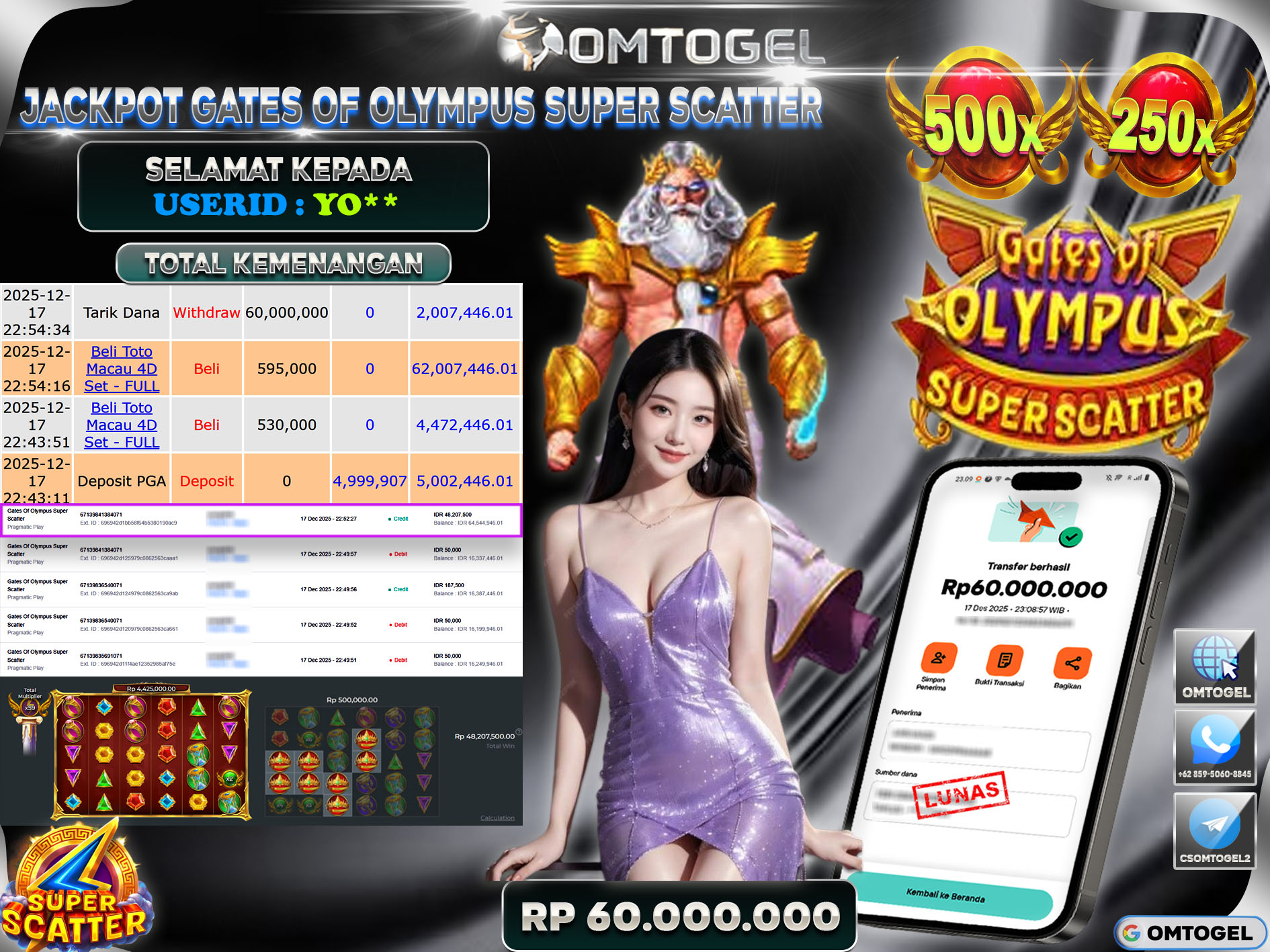 OMTOGEL JACKPOT PRAGMATIC PLAY GATES OF OLYMPUS SUPER SCATTER ,60 JUTA DI BAYAR LUNAS ,-