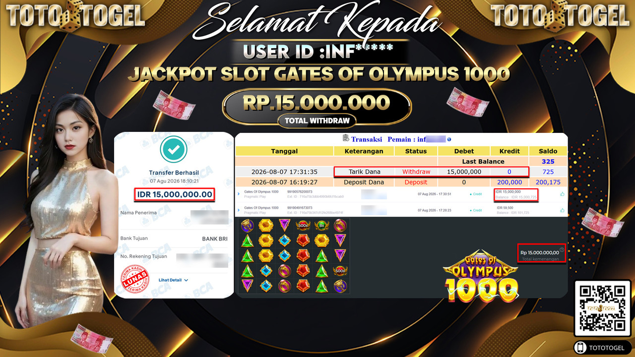 Bukti Pembayaran Jackpot SLOT GATES OF OLYMPUS 1000 ID:INF**** LUNAS
