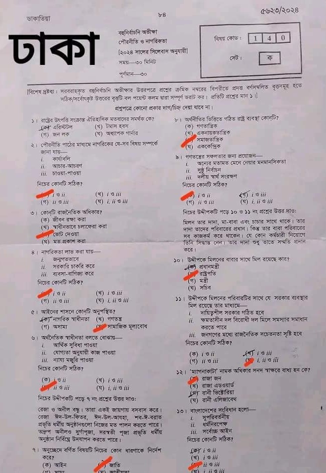 ঢাকা বোর্ড এসএসসি পৌরনীতি ও নাগরিকতা প্রশ্ন সমাধান ২০২৪