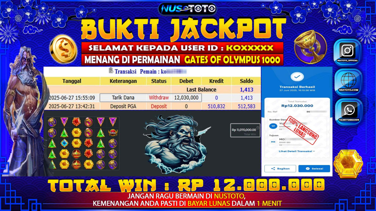 JACKPOT !! MENANG BESAR DI SLOT GATES OF OLYMPUS 1000 Rp. 12.00.000 LANGSUNG DI BAYAR LUNAS NUSTOTO !!