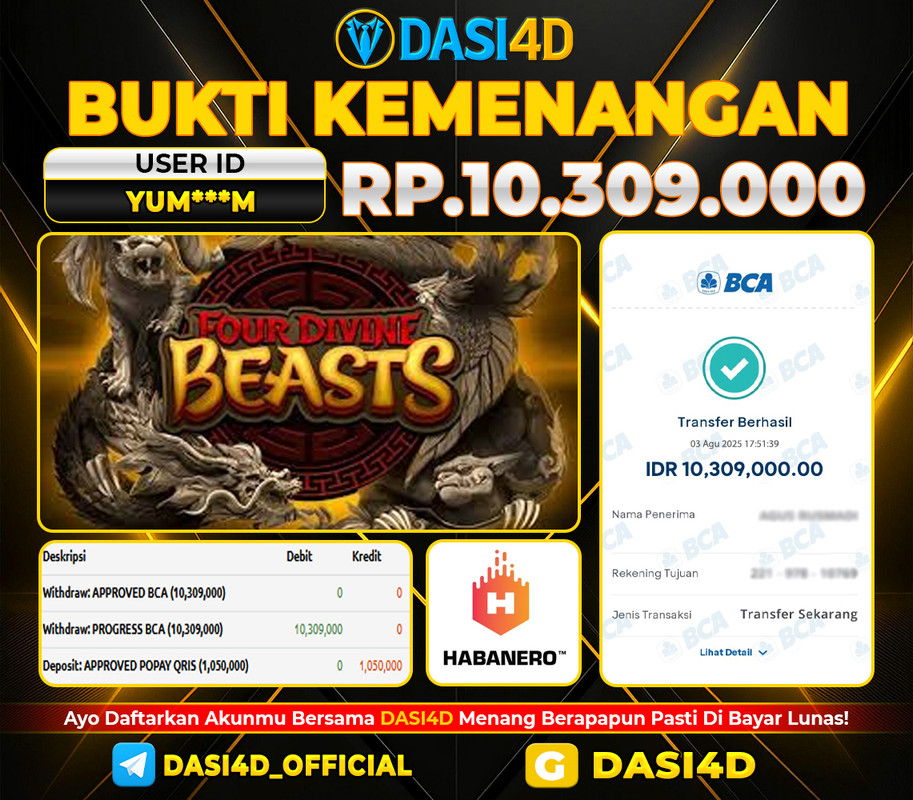 BUKTI KEMENANGAN 03 AGUSTUS DI FOURDIVINE BEASTS WD 10.309.000