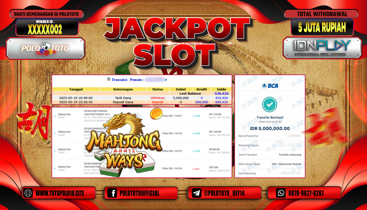 POLOTOTO JACKPOT SLOT MAHJONG WAYS Rp.5.000.000,-