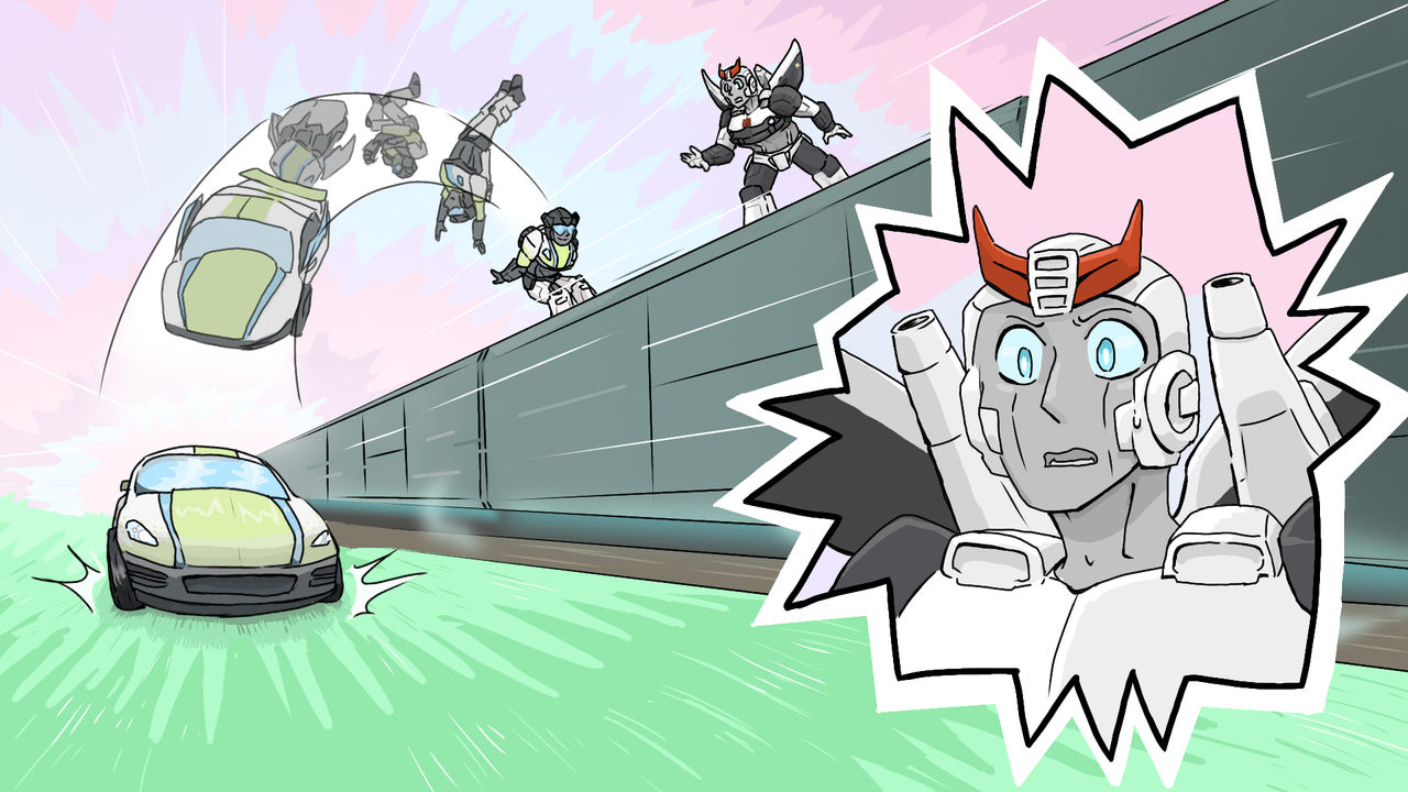 A train speeds along a grassy landscape. On the roof of the train, Stepper is shown standing on the edge then backflipping off and transforming to land on the ground in vehicle mode. Back on the roof of the train, Prowl reaches out the other mech with a close up of his face to the side showing his surprise and concern.
