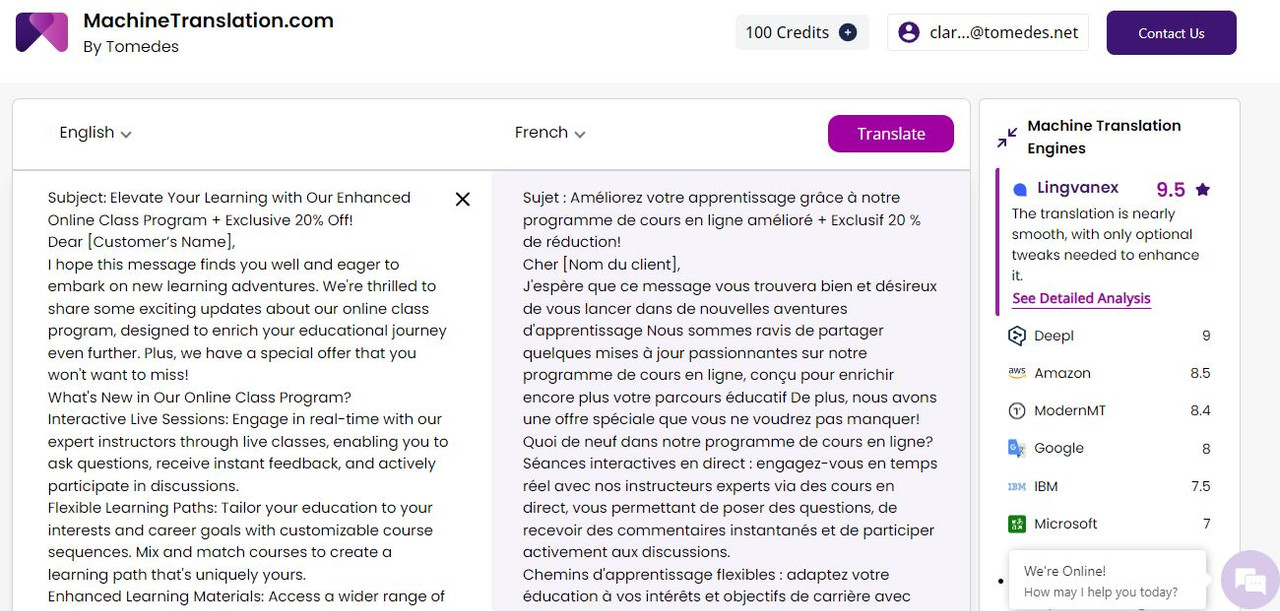 Translated email with machinetranslation dot com=