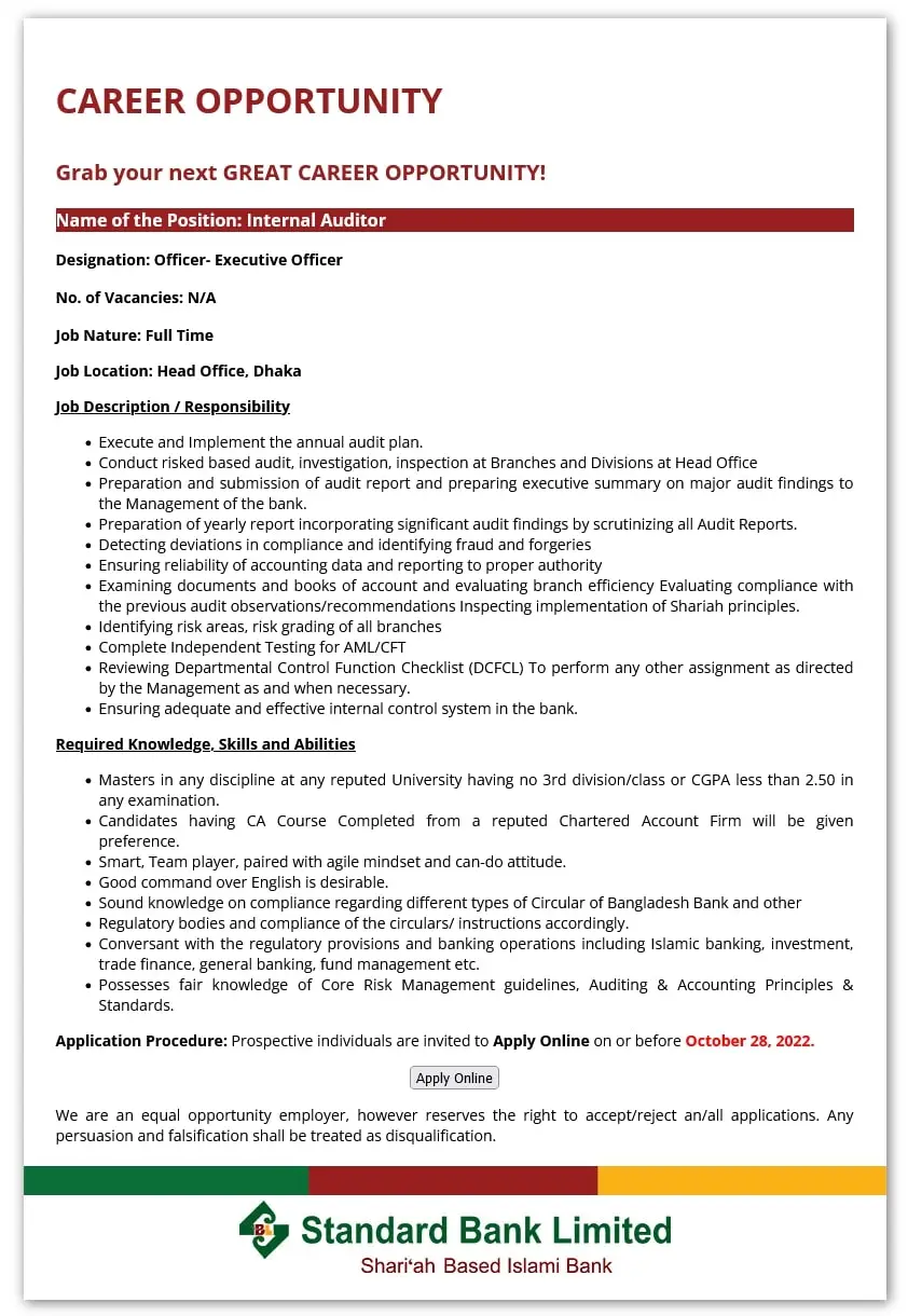 Standard Bank Job Circular 2024 