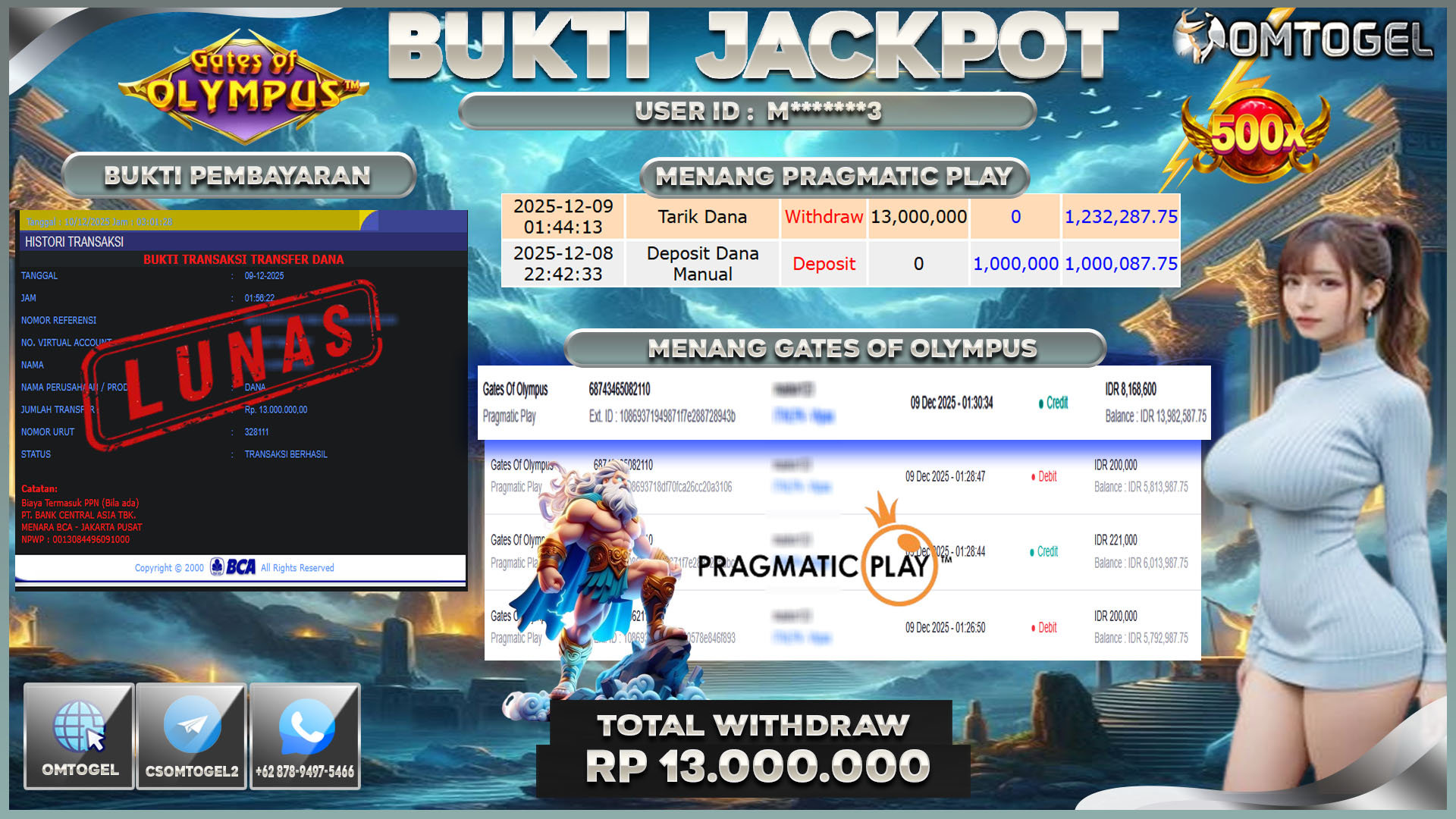 OMTOGEL JACKPOT PRAGMATIC PLAY GATES OF OLYMPUS ,13 JUTA DI BAYAR LUNAS ,-