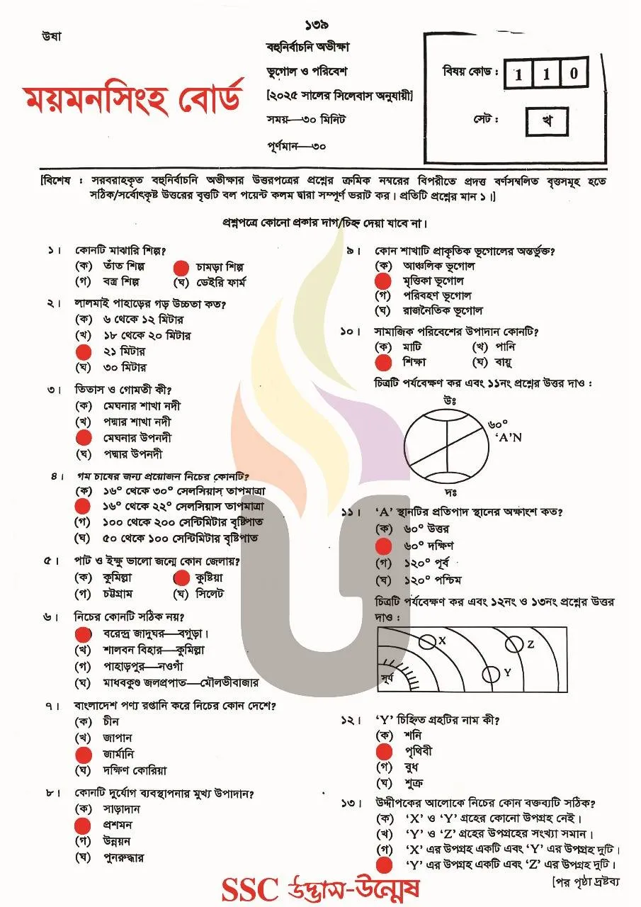 ময়মনসিংহ বোর্ড এসএসসি ভূগোল ও পরিবেশ প্রশ্ন সমাধান ২০২৫