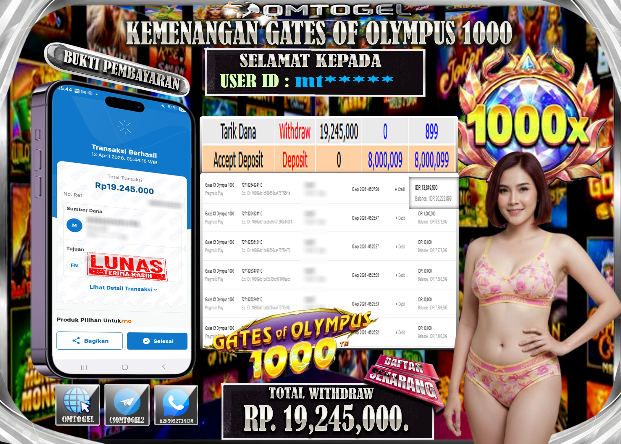 OMTOGEL JACKPOT PRAGMATIC PLAY GATES OF OLYMPUS 1000 , 19 JUTA DI BAYAR LUNAS ,-