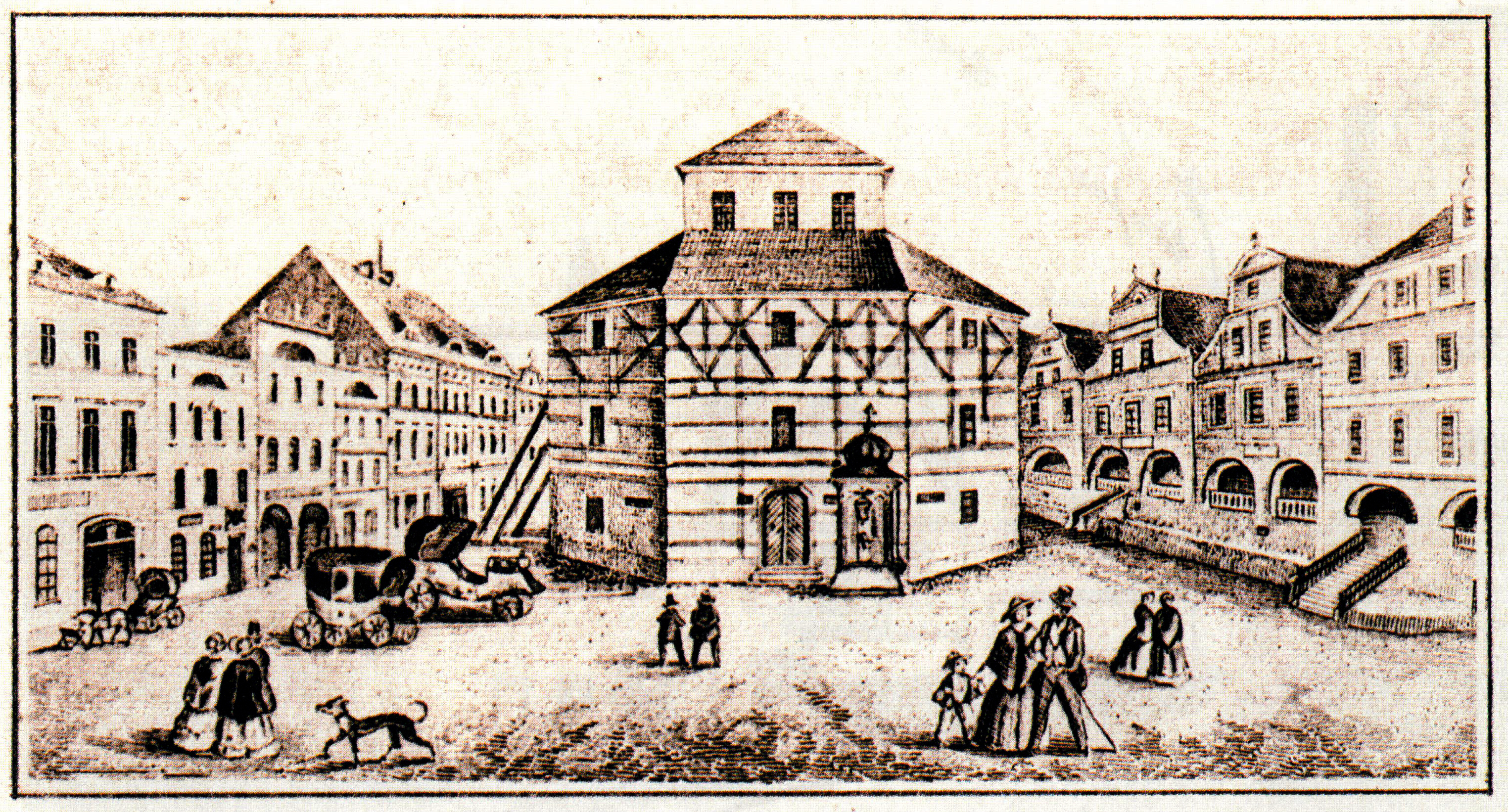 rycina na, której widnieje pierwszy kościół ewangelicki o konstrukcji szachulcowej, który został wzniesiony w 1742 r.