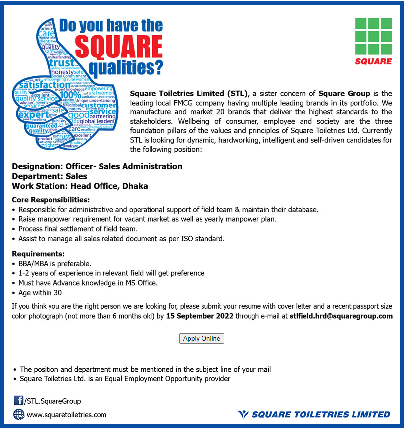 SQUARE Pharmaceuticals Limited Job Circular 1 Square Toiletries Limited Job Circular 2022