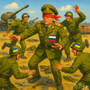 A blindfolded Russian general plays “blind man’s buff,” trying to catch Ukrainian soldiers who dodge him laughing.