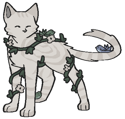 a drawing of bogchamp, a short haired snowy tabby cat with 3 fantail pidgeons, two green, one blue, and white flowery vines wrapped around their body. cat ID 214171