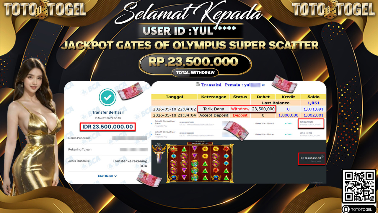 Bukti Pembayaran Jackpot Permainan Slot Gates Of Olympus Super Scatter ID:YUL***** LUNAS