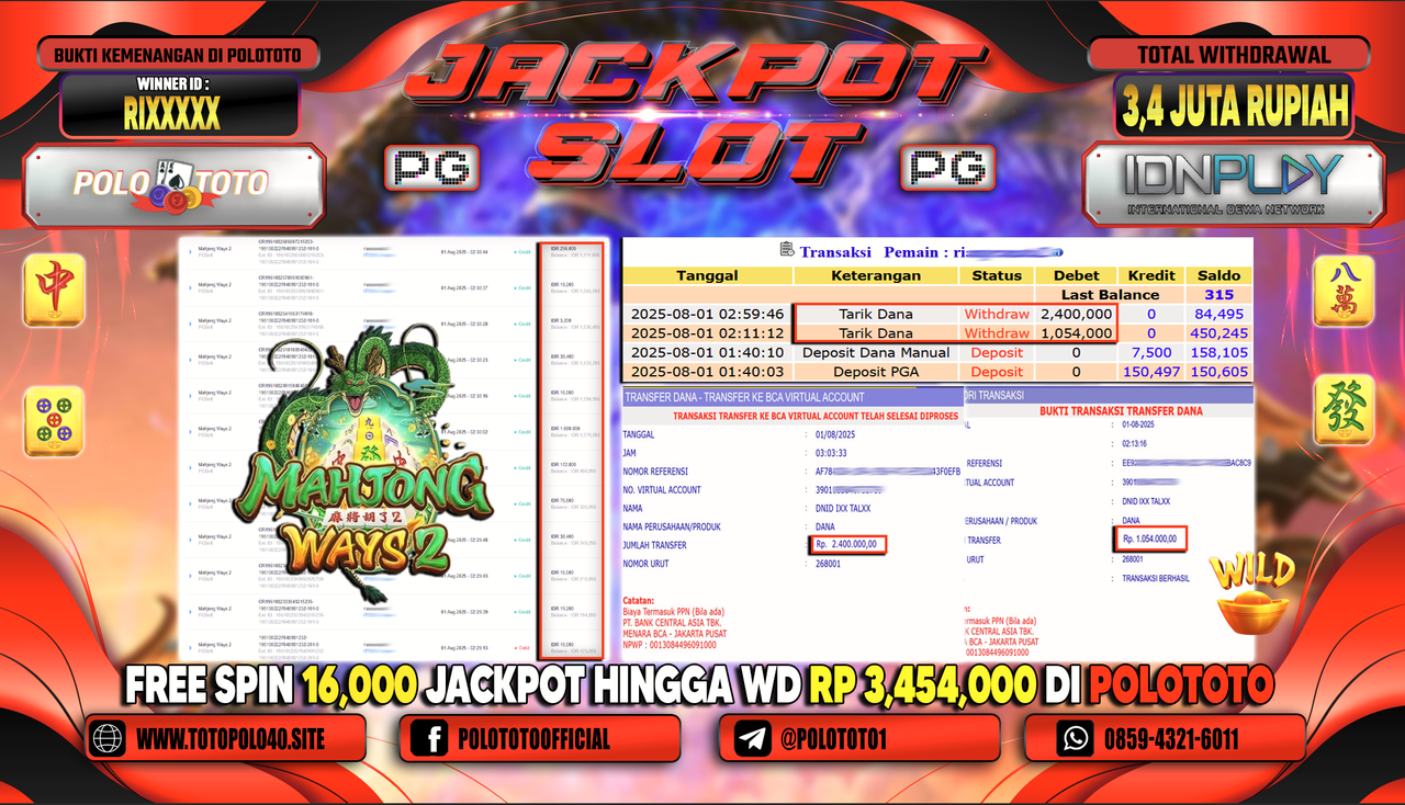 POLOTOTO JACKPOT SLOT MAHJONG WAYS 2 Rp.3.400.000,-LUNAS