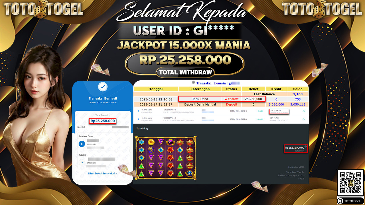 Bukti Pembayaran Jackpot Permainan Slot 15.000X Mania ID:GI***** LUNAS
