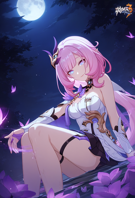 1girl, elysia (honkai impact), shiny skin, glowing hair, small breasts, night, s s-3779031855