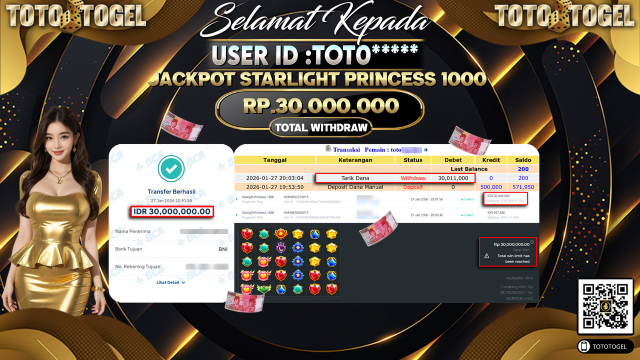 Bukti Pembayaran Jackpot Permainan Slot Starlight Princess 1000 ID:TOTO*****LUNAS