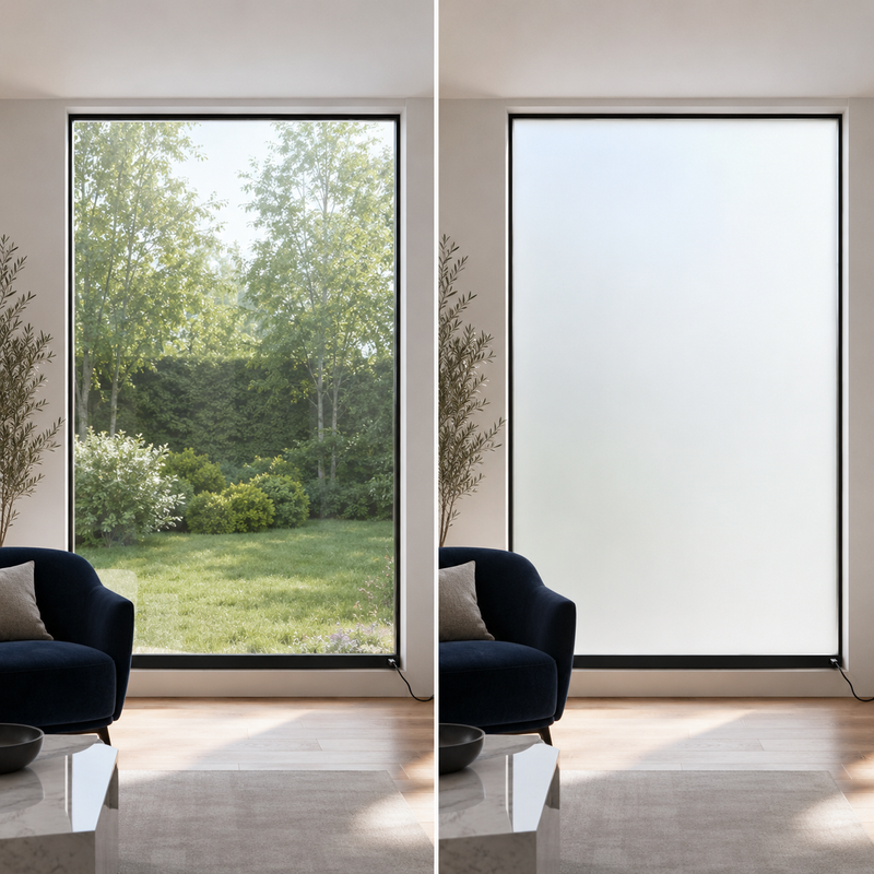 Glass Guard smart film shown clear and frosted
