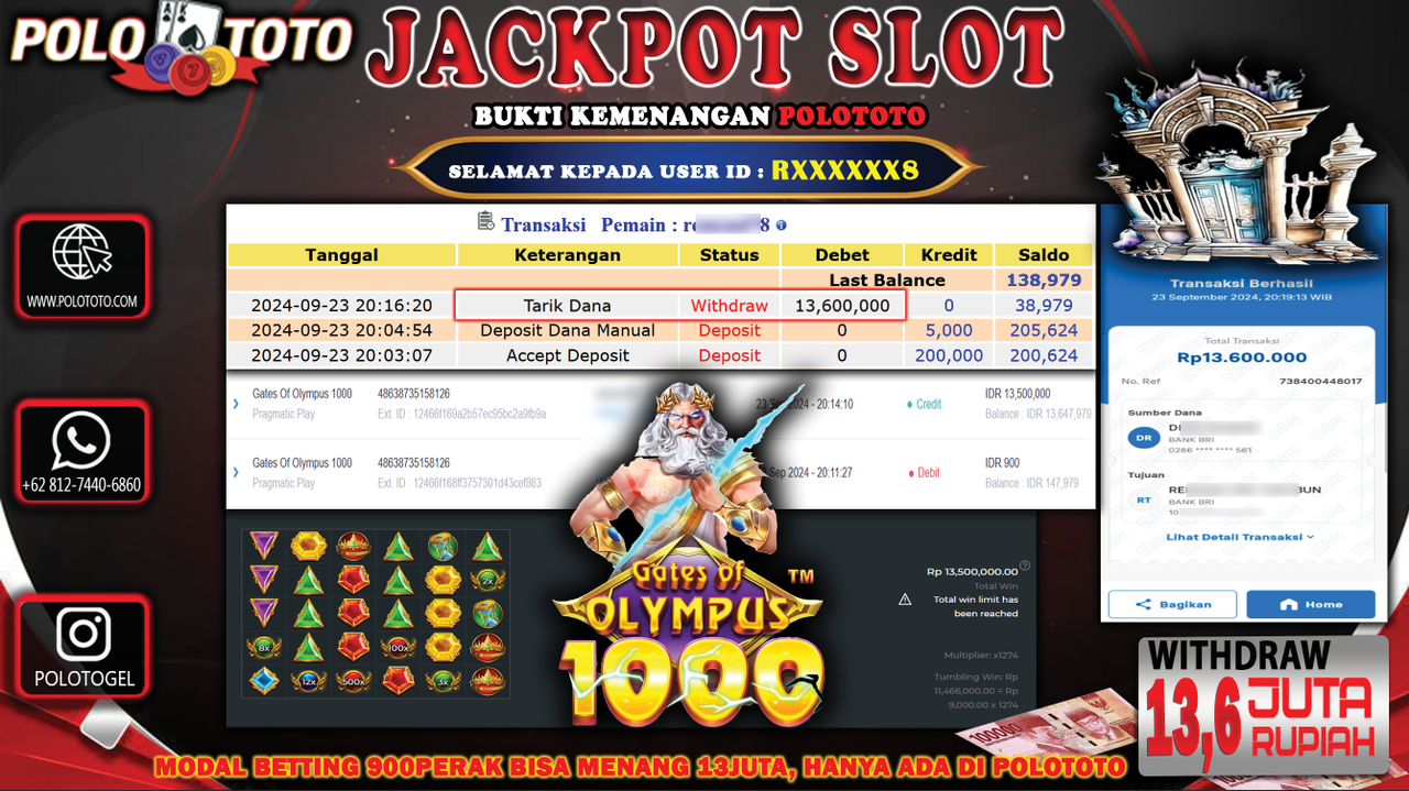 POLOTOTO JACKPOT SLOT GATES OF OLYMPUS 1000 Rp.13.600.000,- LUNAS