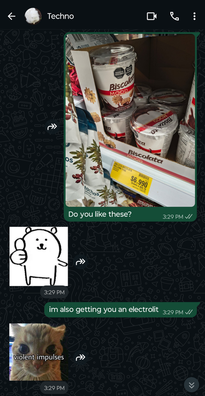 Screenshot of a whatsapp conversation between Techno and Phil Phil sends a picture of a supermarket shelf with a bunch of Biscolata cookie packages, a type of cookie with drawings painted on them  Phil: do you like these?  Techno sends a sticker of a bear doodle giving a thumbs up Phil: I'm also getting you an electrolit  Techno sends a sticker of a cat with the words 'violent impulses' in front of it