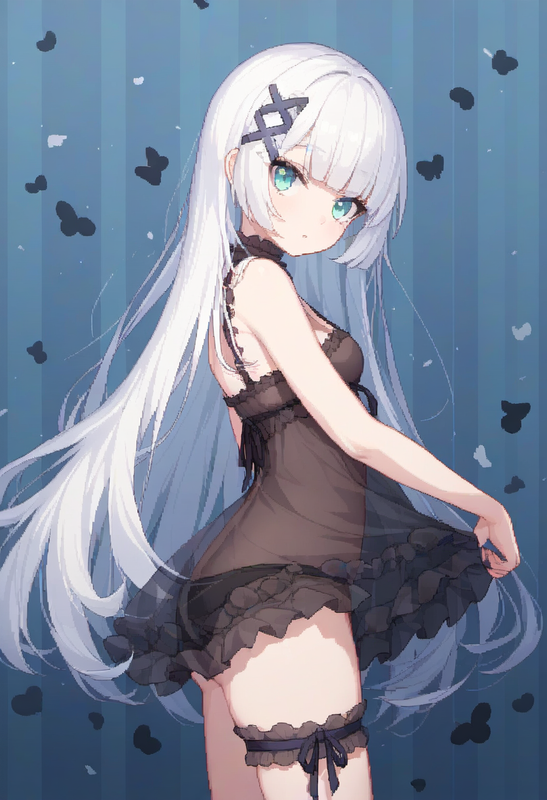 1girl, striped background, aqua eyes, long hair, hime cut, white hair, short ban s-2256714182