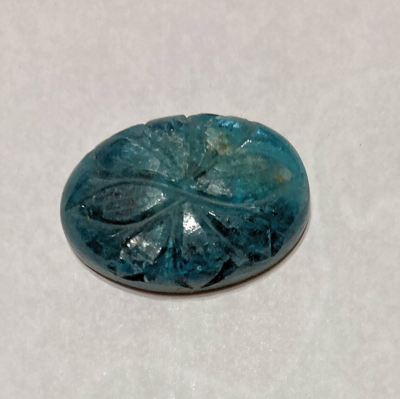 carved blue apatite, information sheet