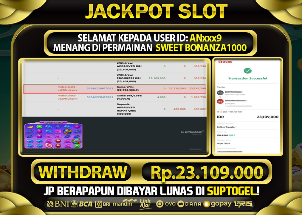  BUKTI KEMENANGAN 17 JULY 2025 MENANG DI PERMAINAN SWEET BONANZA 1000 TOTAL WD 23 JUTAAN
