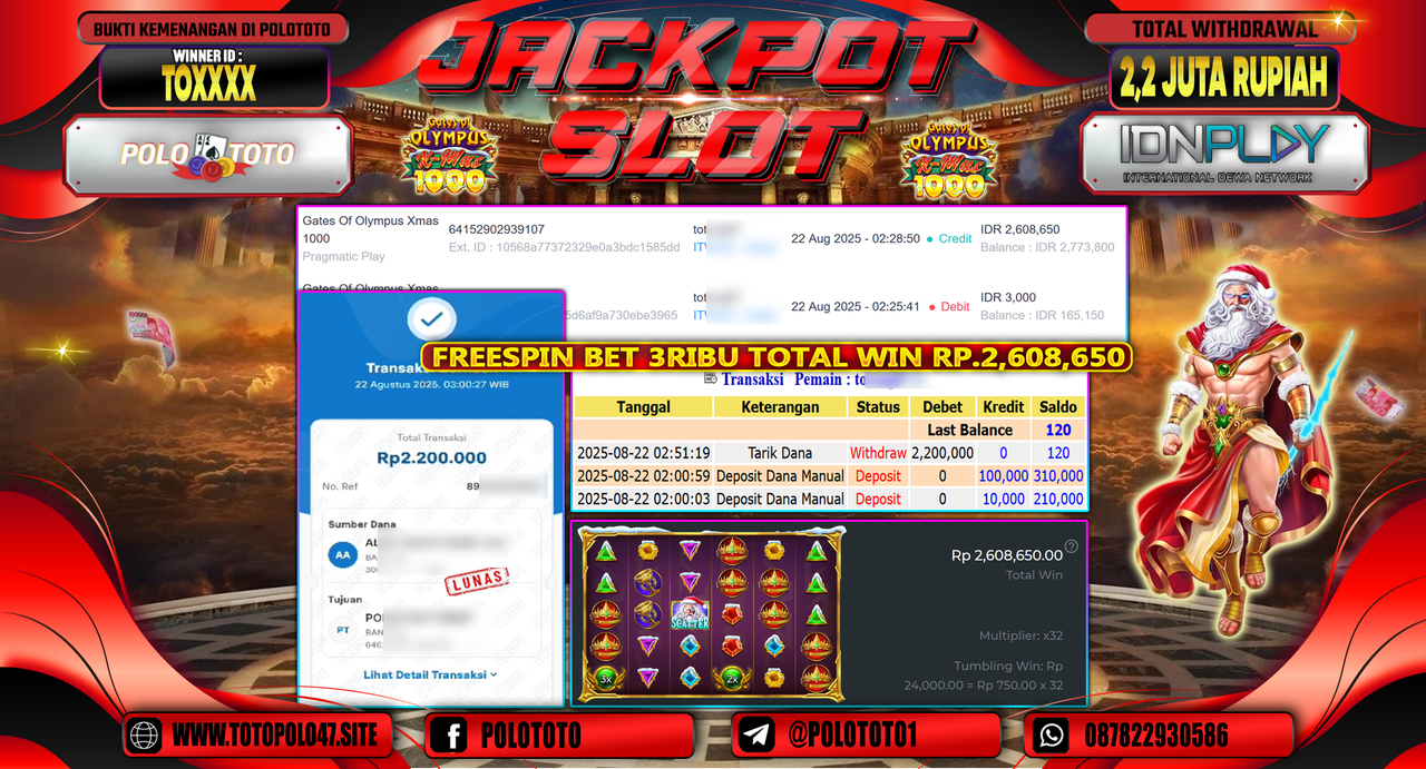 POLOTOTO JACKPOT SLOT GATES OF OLYMPUS XMAS 1000 Rp.2.200.000,-