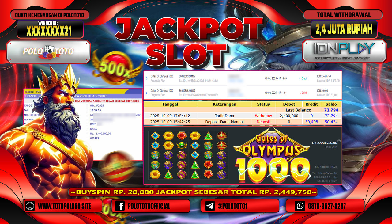 POLOTOTO JACKPOT SLOT GATES OF OLYMPUS 1000 Rp.2.400.000,- LUNAS