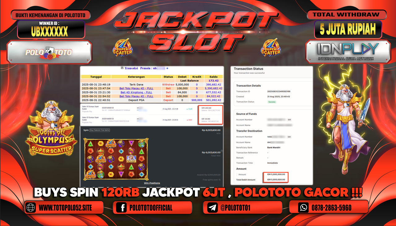 POLOTOTO JACKPOT SLOT GATES OF OLYMPUS SUPER SCATTER Rp.5.000.000,-