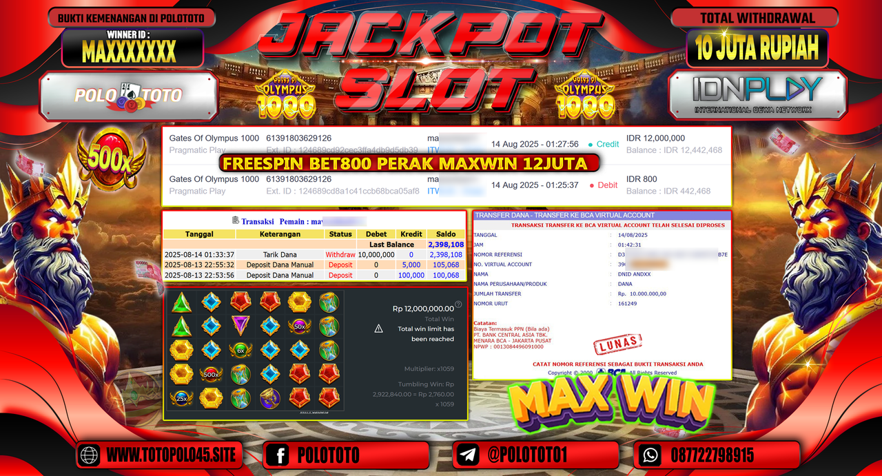 POLOTOTO JACKPOT SLOT GATES OF OLMYPUS 1000 Rp.10.000.000,-LUNAS