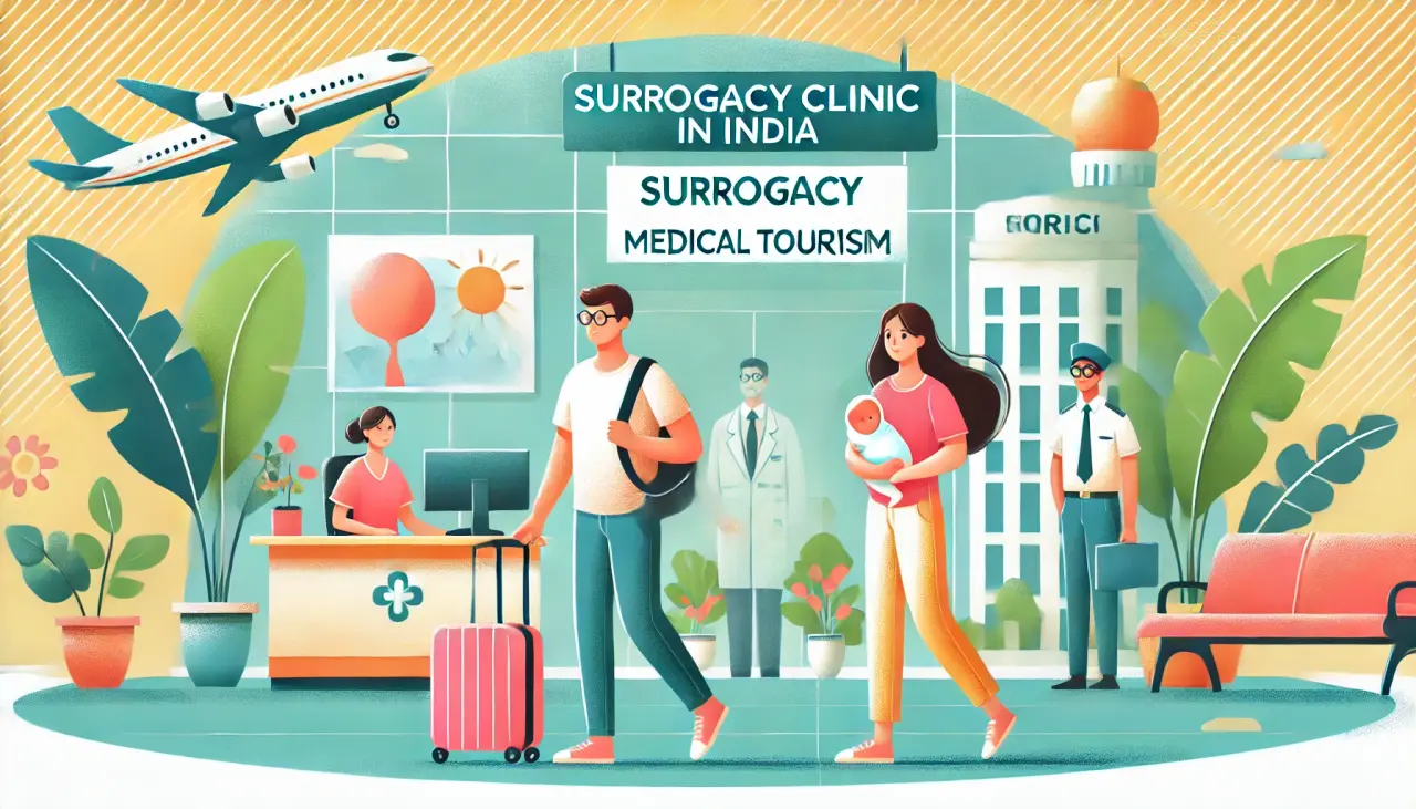 Illustration of international parents arriving at a surrogacy clinic in India as part of the medical tourism journey.
