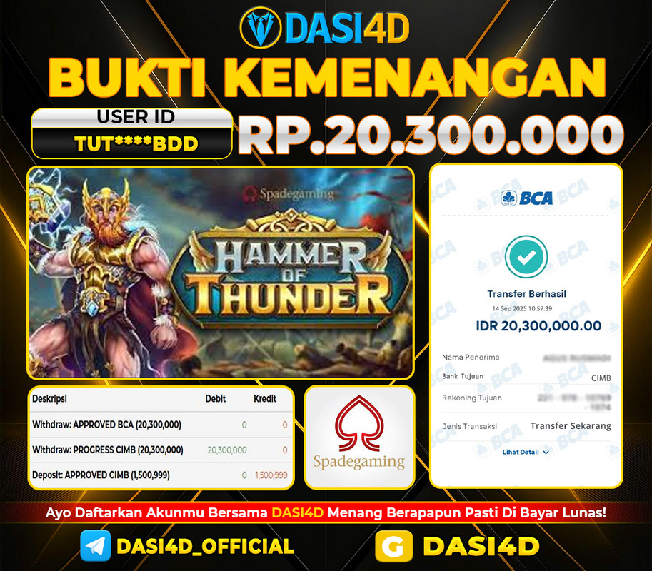 BUKTI KEMENANGAN 14 SEPTEMBER  2025 DI  HAMMER OF THUNDER  RP 20.300.000