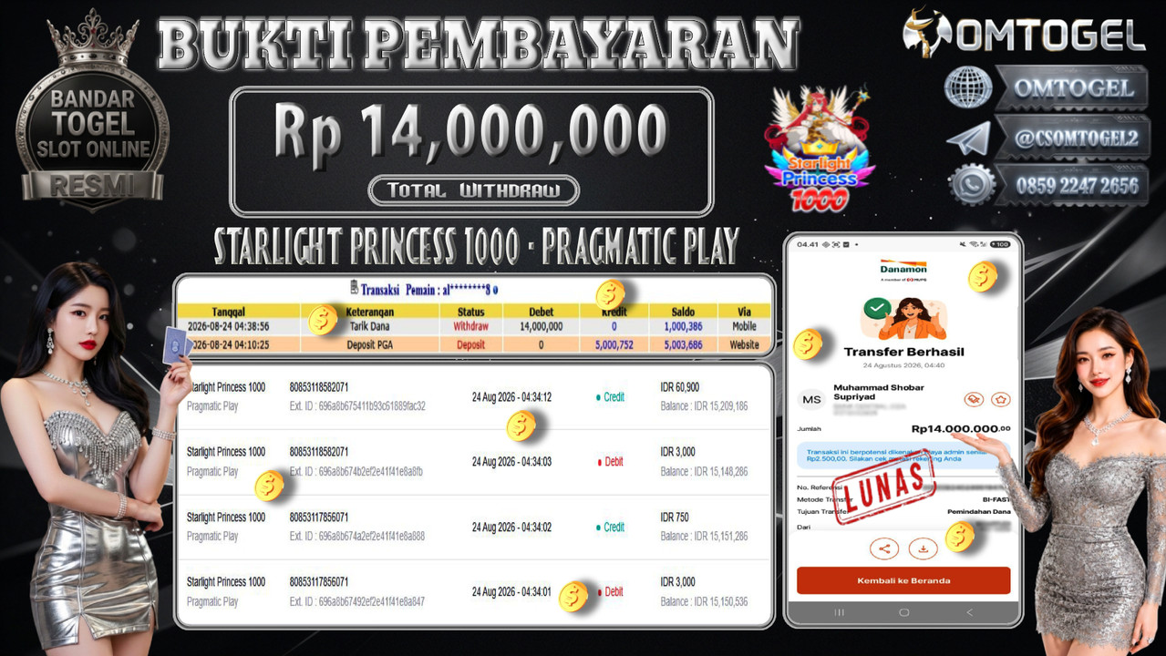 OMTOGEL JACKPOT PRAGMATIC PLAY STARLIGHT PRINCESS 1000 Rp,14,000,000,- DIBAYAR LUNAS