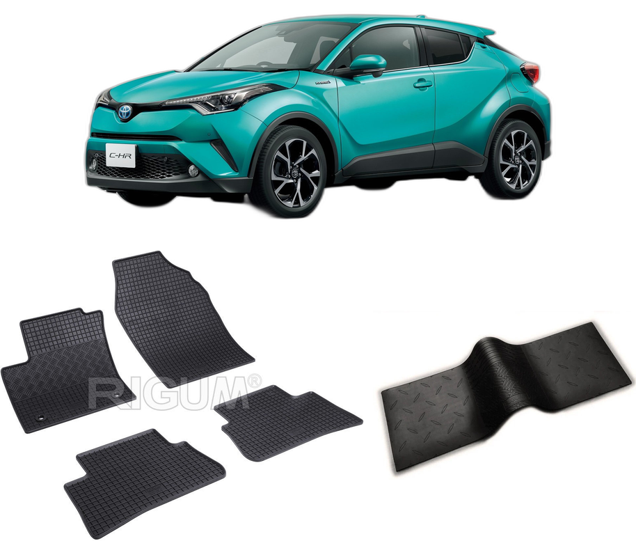 Set covorase auto TOYOTA C-HR din 01.2017-12.2023, cu covoras tunel median, CAROSERIE SUV, Presuri cauciuc 100%, compatibil cu autoturismul TOYOTA C-HR, Rigum