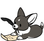 A black corgi writing with a quill