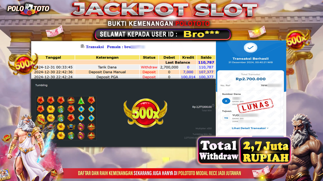 POLOTOTO JACKPOT SLOT GATES OF OLYMPUS Rp.2,700.000,-