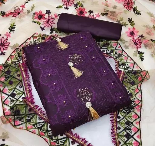 Women's Purple Floral Embroidered Cotton Suits & Dress Materials (R116)