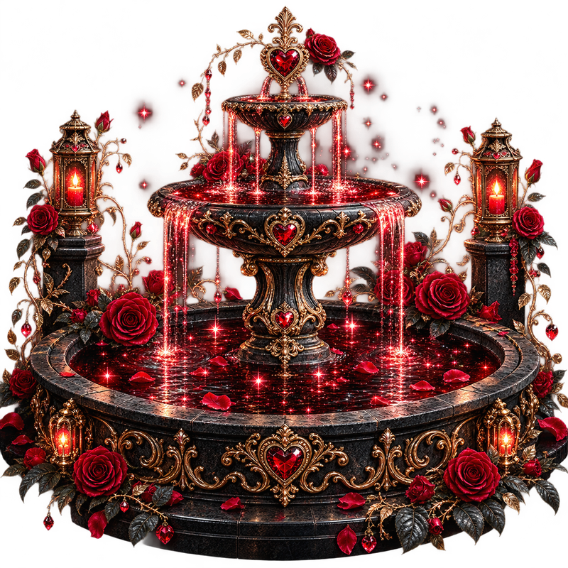 Fontaine romantique ornée de roses rouges et de rubis