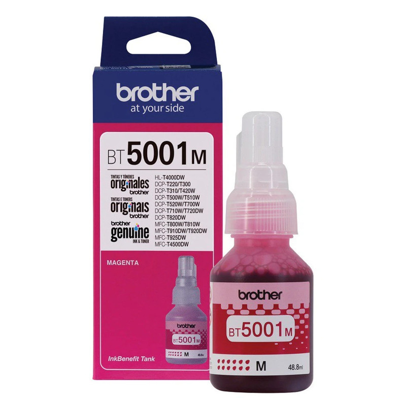 Botella de tinta Brother BT5001M de color magenta.
