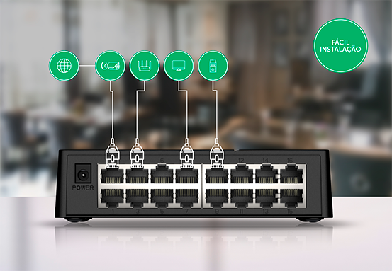 Switch Intelbras S1116F com indicações de Plug & Play