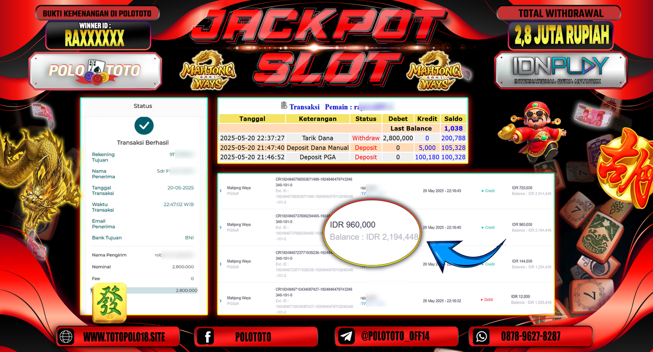 POLOTOTO JACKPOT SLOT MAHJONG WAYS Rp.2.800.000,-