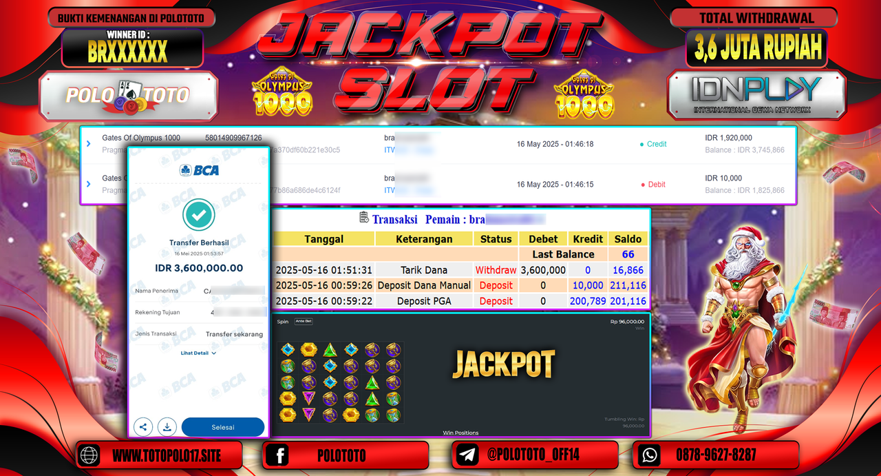 POLOTOTO JACKPOT SLOT GATES OF OLYMPUS 1000 Rp.3.600.000,-