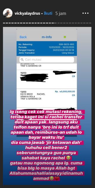 Unggahan mutasi rekening milik Vicky Alaydrus