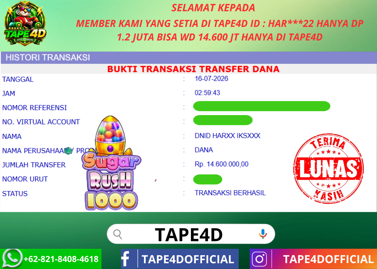 TAPE4D SUGAR RUSH 1000 PRAMATIC 14.600.000-LUNAS