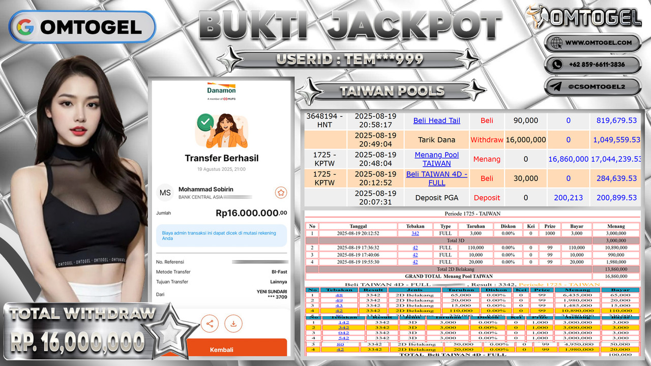 OMTOGEL JACKPOT TAIWAN 3D 2D 16 JUTA DI BAYAR LUNAS ,-