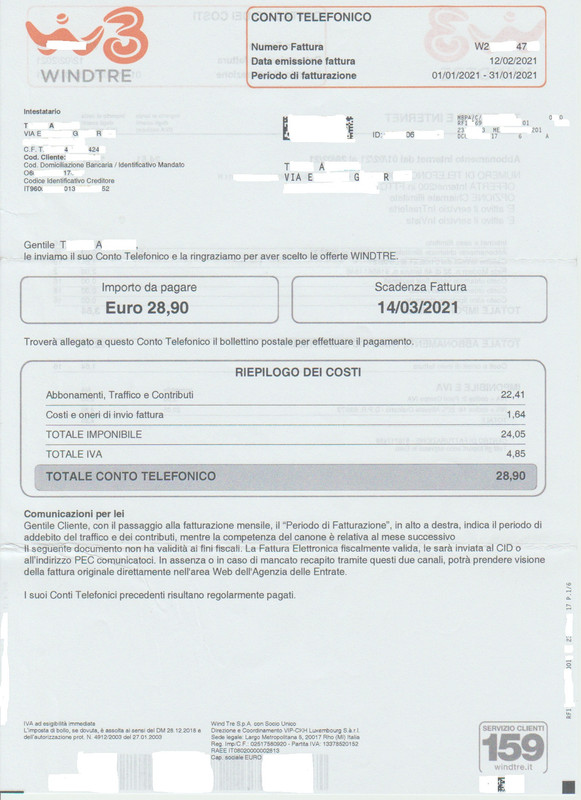 Conto Telefonico 1ª Pag (Dal 2021-01-01 al 2021-01-31)-(MOD Privacy)