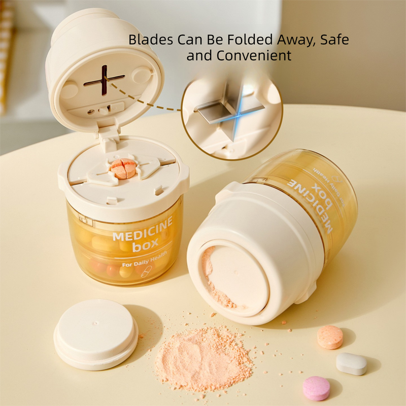 2 Pcs Beige 3-in-1 Pill Cutter, Crusher & Organizer Box with Built-in Water Cup - Portable Medicine Storage Container with Precision Quarter/Half Splitter