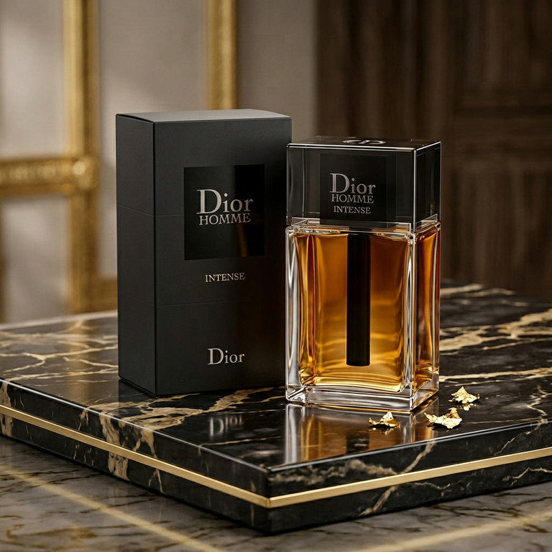 Premium men's fragrance bottle with black cap displayed on a golden & balck marble surface