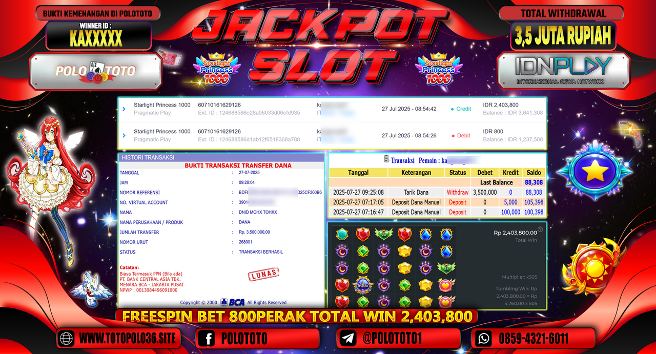 POLOTOTO JACKPOT SLOT STARLIGHT PRINCESS 1000 Rp.3.500.000,-LUNAS